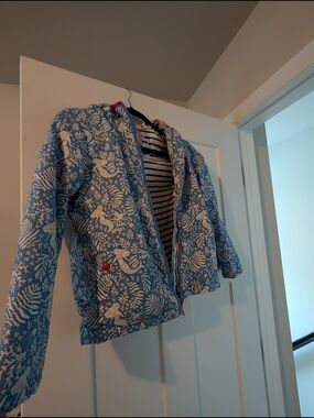 Mini Boden Mermaid Blue Kids Hooded Jacket with Striped Lining (9-10)